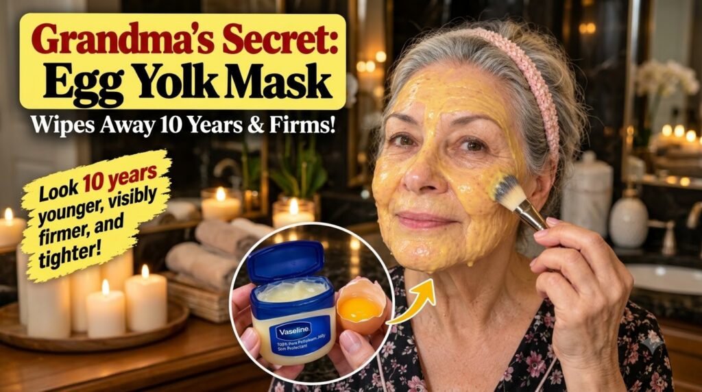 An older woman applying a yellow egg yolk facial mask to her face with a brush smiling gently In the bottom left a circu