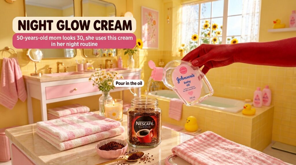 A hand pouring Johnson s baby oil into a glass jar filled with Nescafe Classic instant coffee granules on a marble surfa
