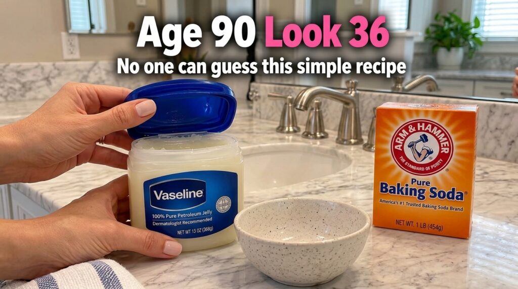A person s hands holding an open jar of Vaseline with a box of baking soda and an empty bowl on a bathroom counter sugge
