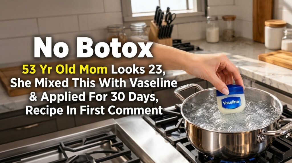 A human hand holding a small Vaseline jar over a stainless steel pot of rapidly boiling water on a gas stove in a kitche