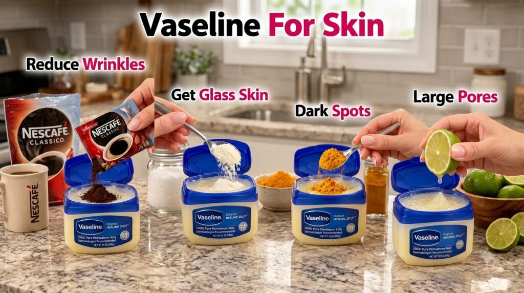 A 2x2 grid showcasing four different DIY skincare hacks using Vaseline Top left hand adding coffee powder to Vaseline To