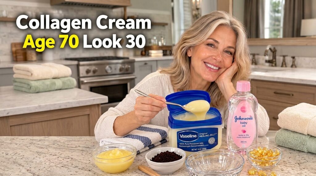 A smiling woman appearing youthful holds a spoon of Vaseline On the counter there s a large Vaseline tub baby oil coffee