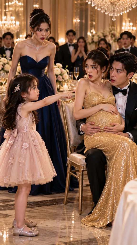 A dramatic scene at a formal event possibly a wedding reception A young girl in a pink dress points while a pregnant wom