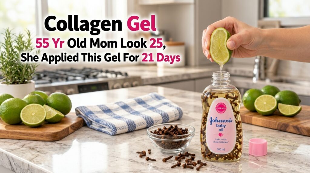 A hand squeezing a lime half with juice dripping into a clear bottle filled with Johnson s baby oil and cloves set on a 