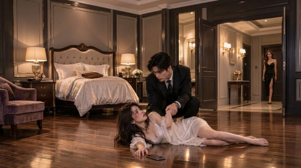 A distressed woman in a white nightgown is sprawled on a polished wooden floor looking up with tears and what appear to 