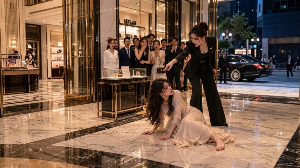 A woman in a black suit standing over another woman who is collapsed on the polished marble floor of a luxury boutique p