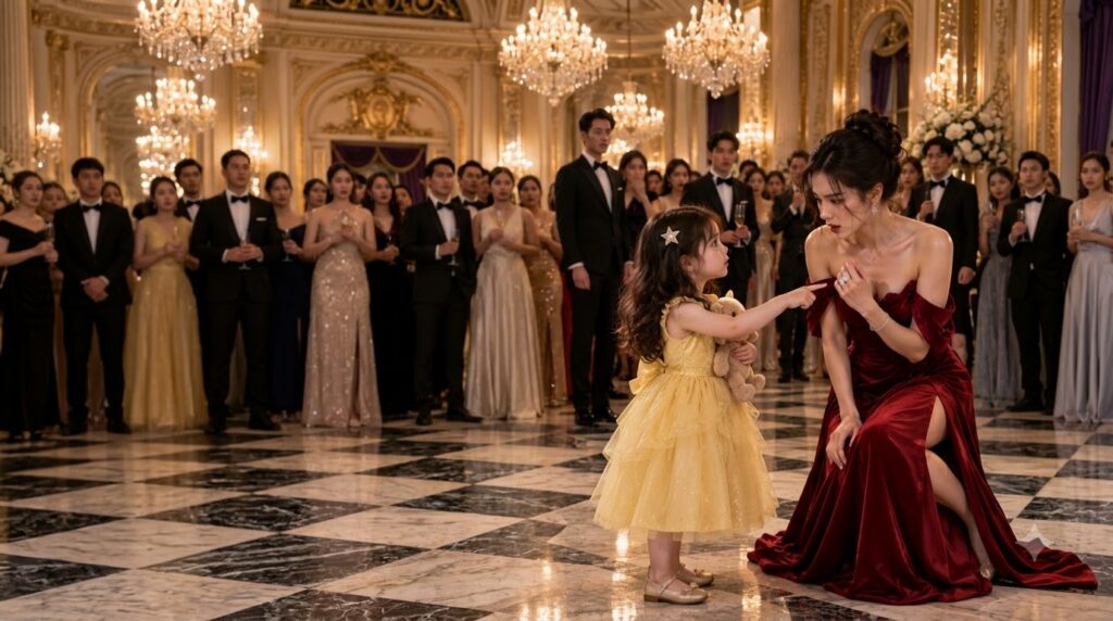 A dramatic scene in an opulent ballroom where a little girl in a yellow dress points at a distressed woman in a red gown