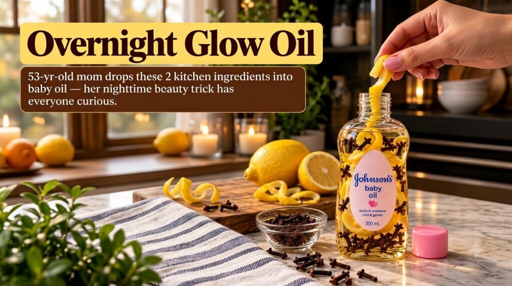 A bottle of Johnson s baby oil infused with lemon peels and cloves on a marble surface surrounded by whole lemons lemon 