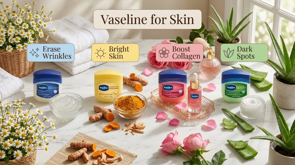 A grid of four Vaseline products each paired with natural ingredients and a specific skin benefit Vaseline Original with