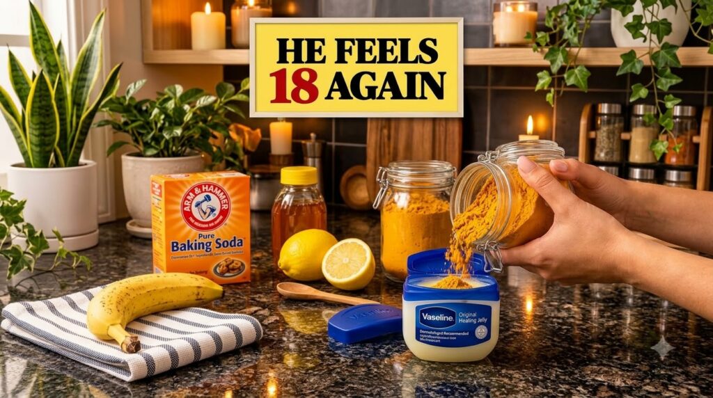 Hands pouring yellow turmeric powder into a tub of Vaseline surrounded by other natural ingredients like baking soda hon