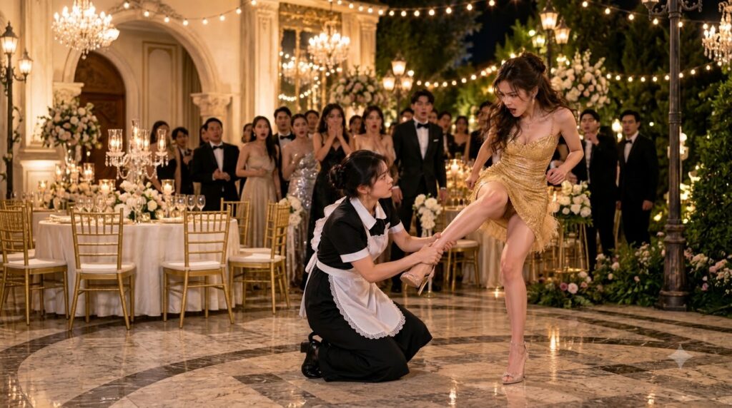 A dramatic scene at a glamorous outdoor gala where a woman in a gold sequined dress appearing distressed is supported by