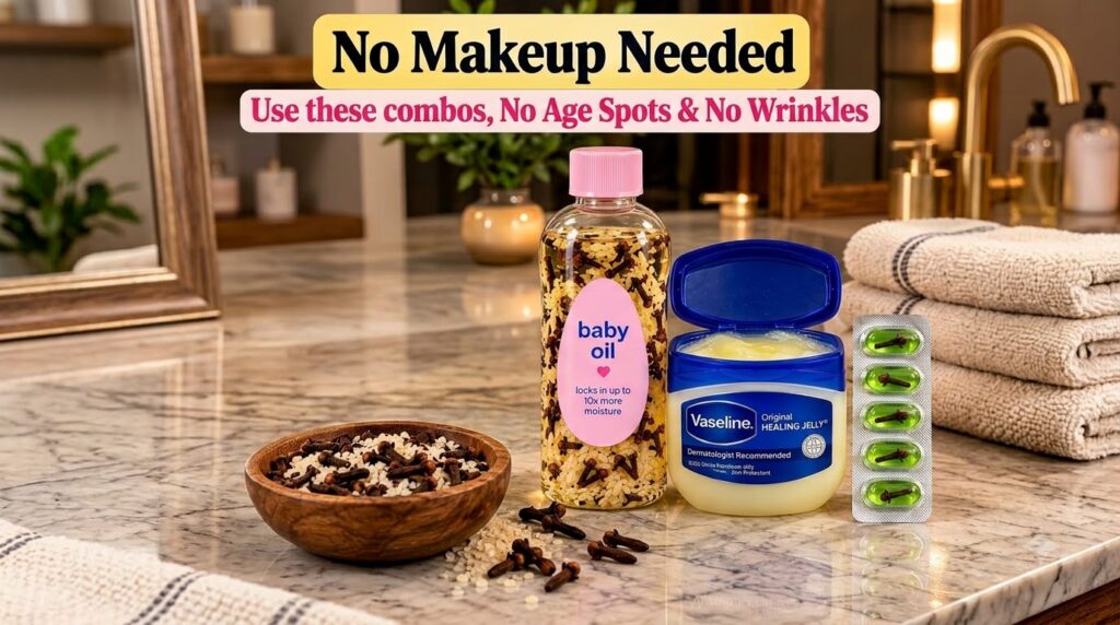 A collection of skincare items and natural ingredients arranged on a light-colored marble counter including a bottle of 