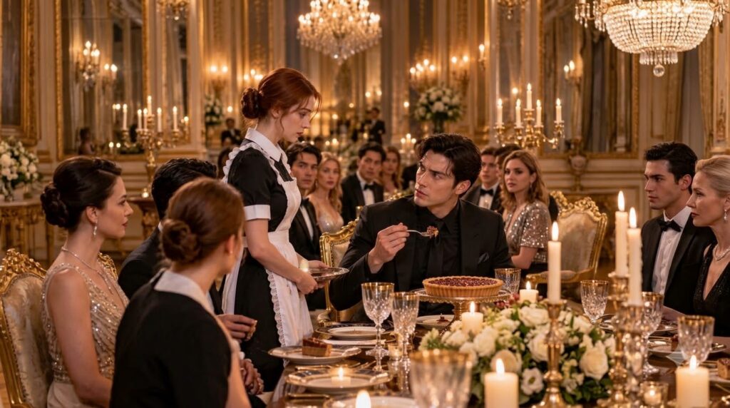 A red-haired maid in a classic uniform stands attentively holding a silver tray while a male diner in a black suit looks