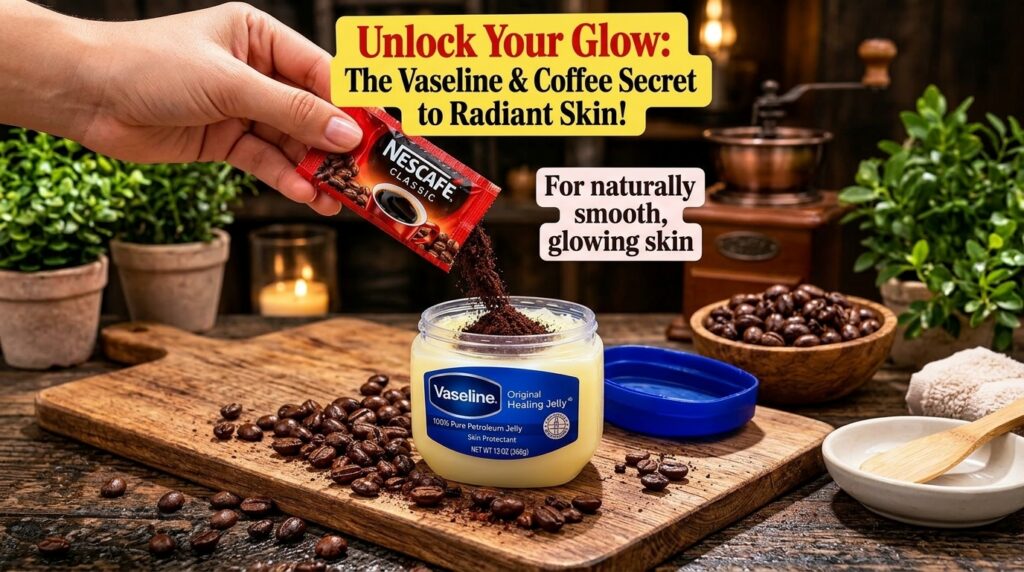 A hand pouring coffee grounds from a sachet into an open jar of Vaseline Original Healing Jelly on a rustic wooden surfa