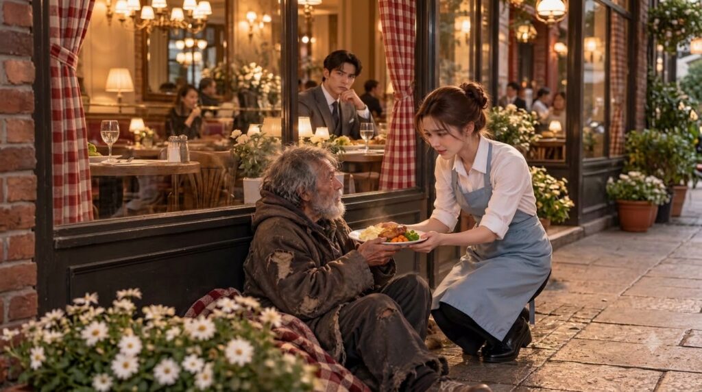 A waitress offering a plate of hot food to a homeless man outside a restaurant while a well-dressed man watches from ins