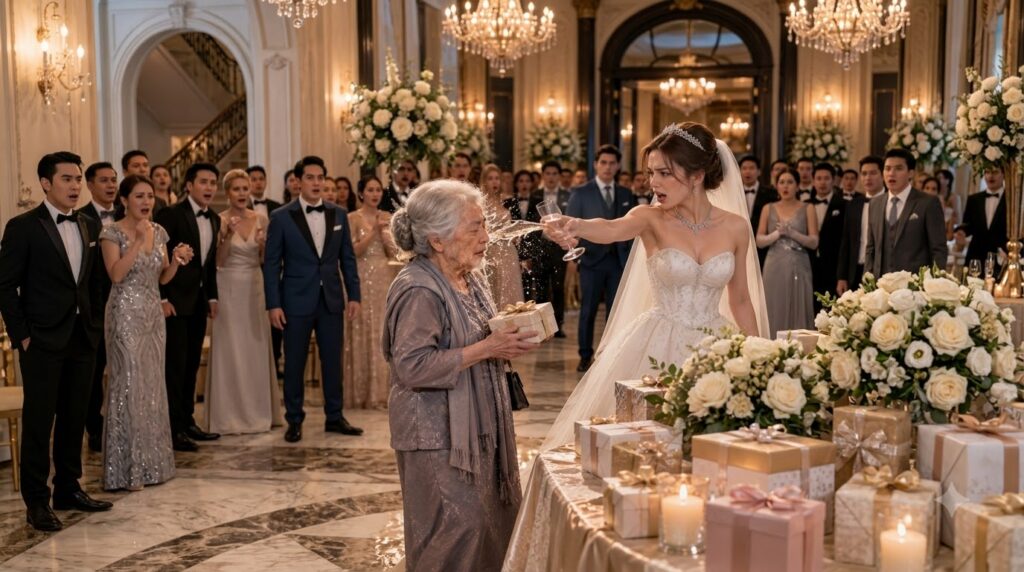 A bride in a white wedding gown forcefully splashes champagne from a glass onto an elderly woman s face who is holding a