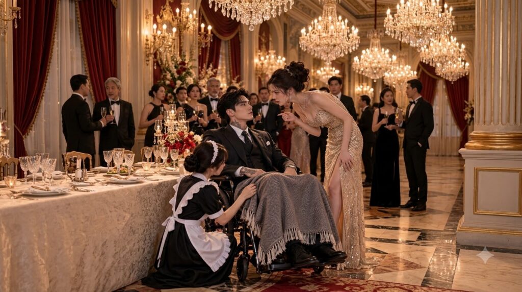 A man in a wheelchair looks up as a woman in a shimmering gold gown leans in pointing a finger in a tense conversation i