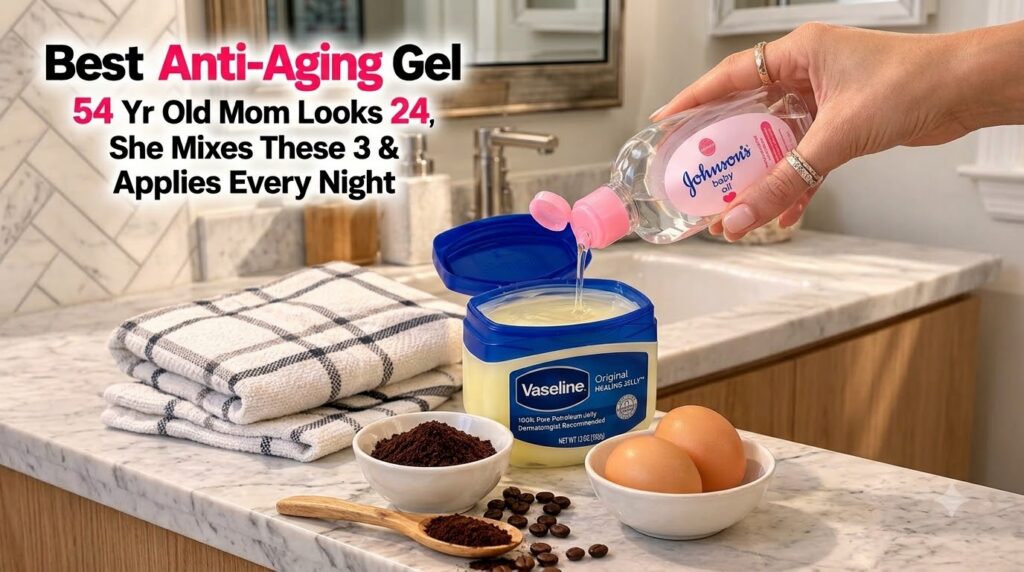 Close-up of ingredients on a marble counter a hand pouring baby oil into Vaseline with coffee grounds and eggs nearby