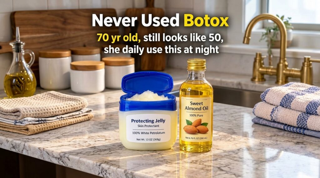 Two skincare products an open tub of protecting jelly and a bottle of sweet almond oil on a reflective kitchen counter i