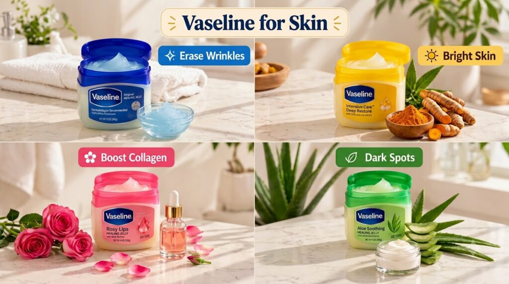 Four quadrants showing different Vaseline jars each paired with a natural ingredient and a specific skin benefit Origina