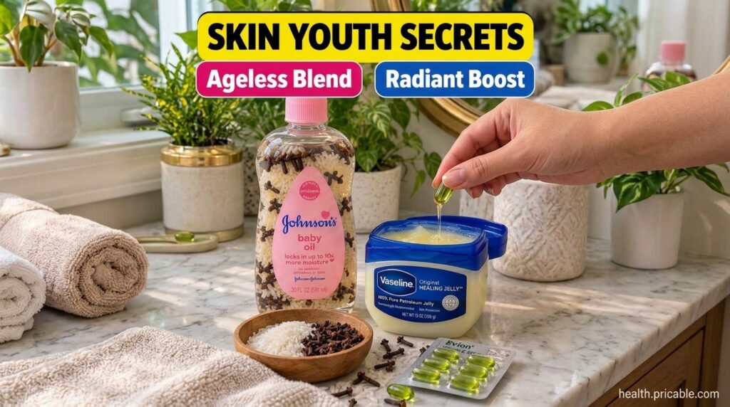 Flat lay of ingredients Johnson s baby oil infused with rice and cloves a jar of Vaseline and Evion Vitamin E capsules A