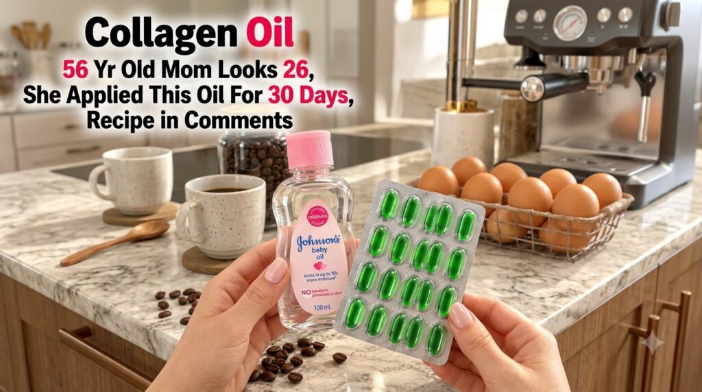 Hands holding a bottle of Johnson s baby oil and green gel vitamin E capsules on a marble countertop with scattered coff