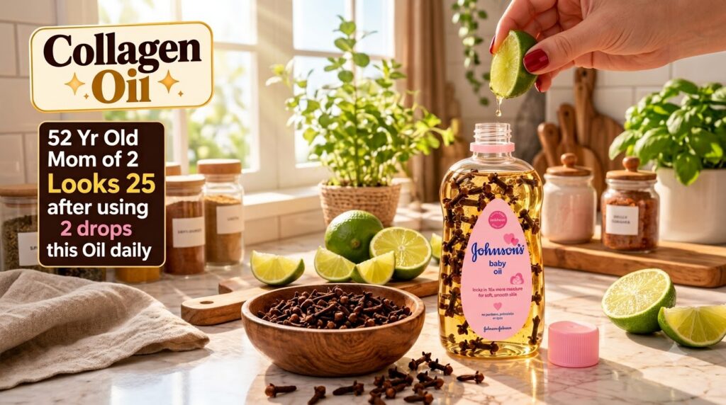 A bottle of Johnson s baby oil filled with cloves with a hand squeezing a lime slice above it showing drops falling into