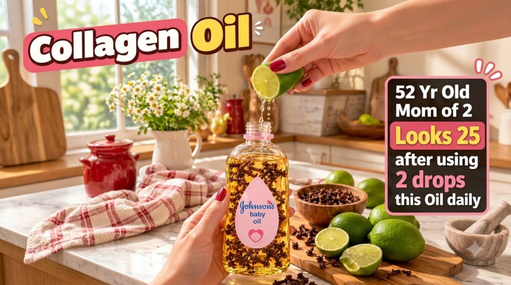 A close-up of hands preparing natural collagen oil with one hand holding a bottle of baby oil infused with cloves and th