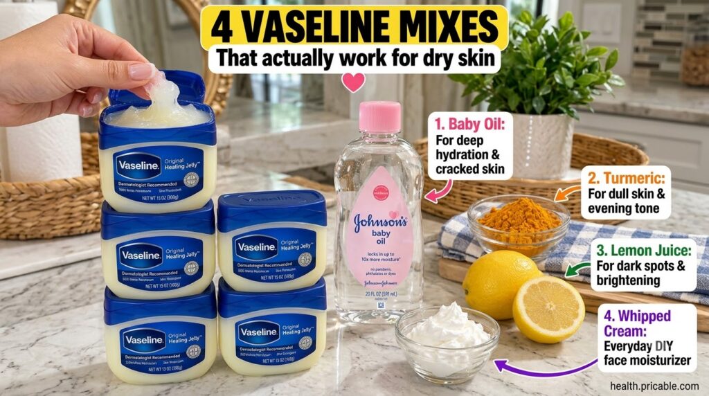 A hand scooping Vaseline from a tub surrounded by ingredients like baby oil turmeric powder lemons and whipped cream on 