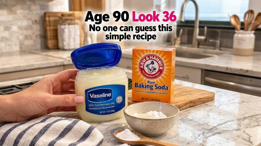 A close-up of common household items like Vaseline petroleum jelly and baking soda arranged on a marble countertop sugge