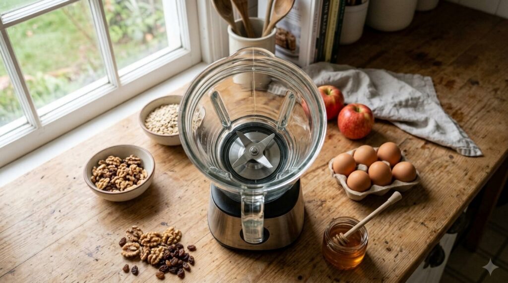 An overhead shot of an empty glass blender pitcher on a rustic wooden table surrounded by bowls of oats walnuts raisins 