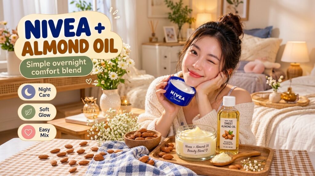 A smiling young woman holding a Nivea Creme jar surrounded by skincare products including a homemade Nivea Almond Oil Be