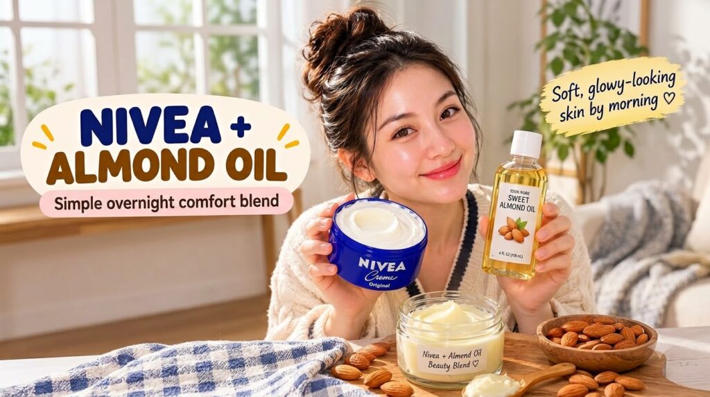 A smiling young woman holds a blue Nivea Creme tub and a bottle of Sweet Almond Oil with a jar of the blended cream and 