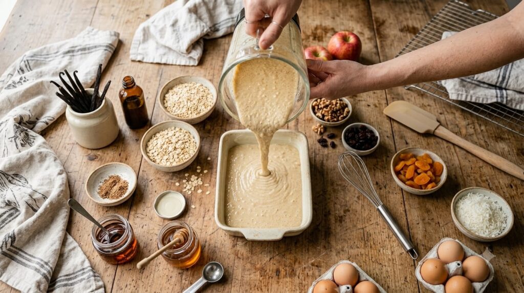 An overhead shot of a person pouring creamy vegan batter from a blender into a rectangular baking dish The surface aroun