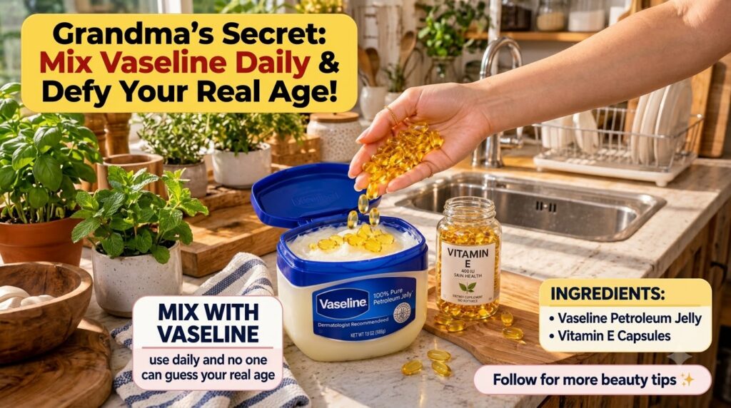 A hand gently squeezing golden Vitamin E oil from a capsule into a large tub of Vaseline petroleum jelly on a kitchen co