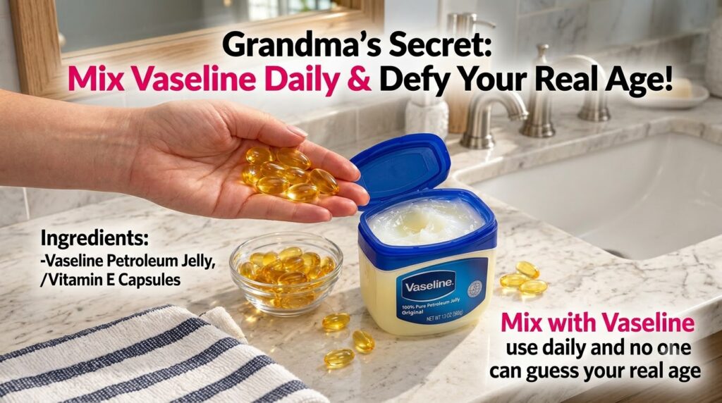 A close-up flat lay shot of a hand holding vitamin E capsules a small glass bowl with more capsules and an open tub of V