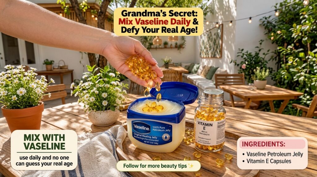 A hand gently dropping golden vitamin E capsules into an open tub of Vaseline petroleum jelly with a bottle of Vitamin E