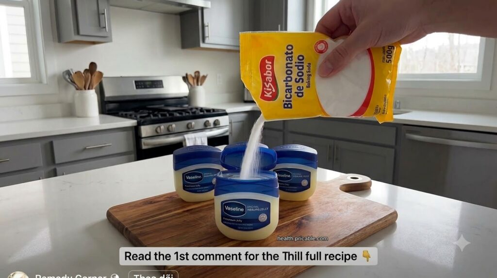 A hand pouring white baking soda powder from a yellow bag into an open jar of Vaseline on a wooden cutting board