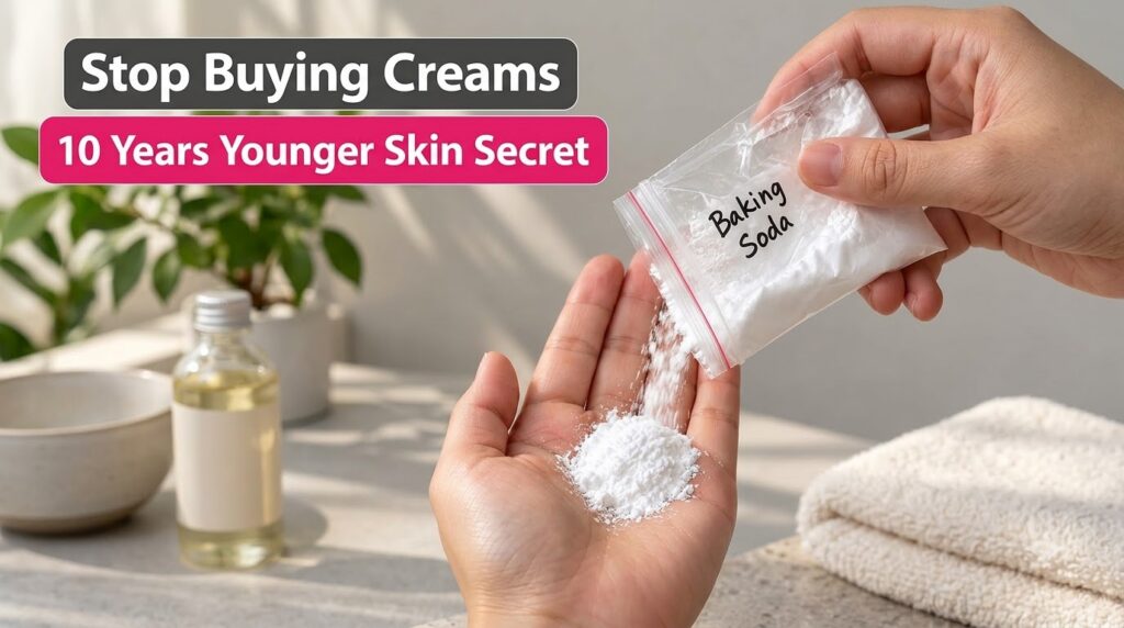 Close-up of hands one pouring white baking soda powder from a small bag into the open palm of another hand A small pile 