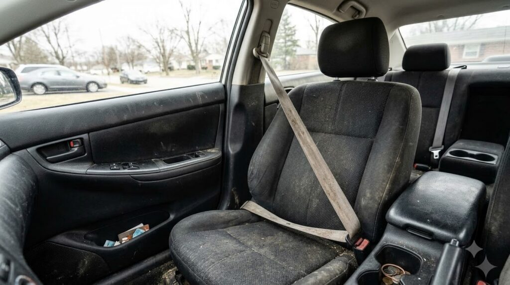 Interior de un coche mostrando el asiento del pasajero y el cinturón de seguridad cubiertos de polvo y pequeños escombro
