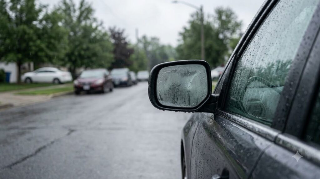 A close-up of a car s side mirror and part of its body heavily covered in water droplets and condensation on a rainy day