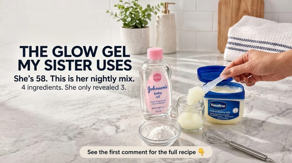 A countertop with a bottle of baby oil a tub of Vaseline a bowl of white powder and a hand scooping Vaseline into a glas
