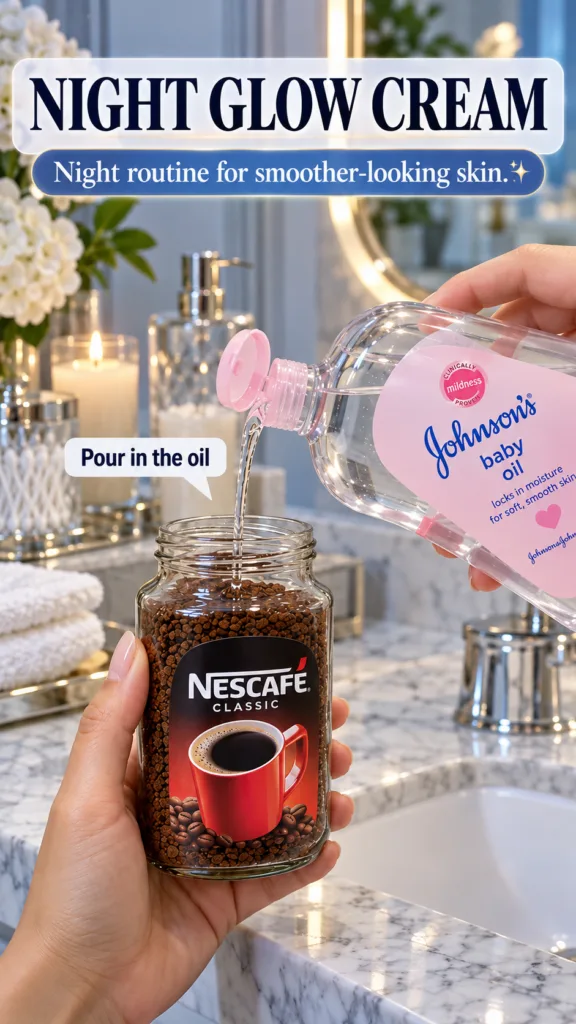 Close-up of hands mixing coffee granules and baby oil in a glass jar in a serene bathroom setting with a marble counter 