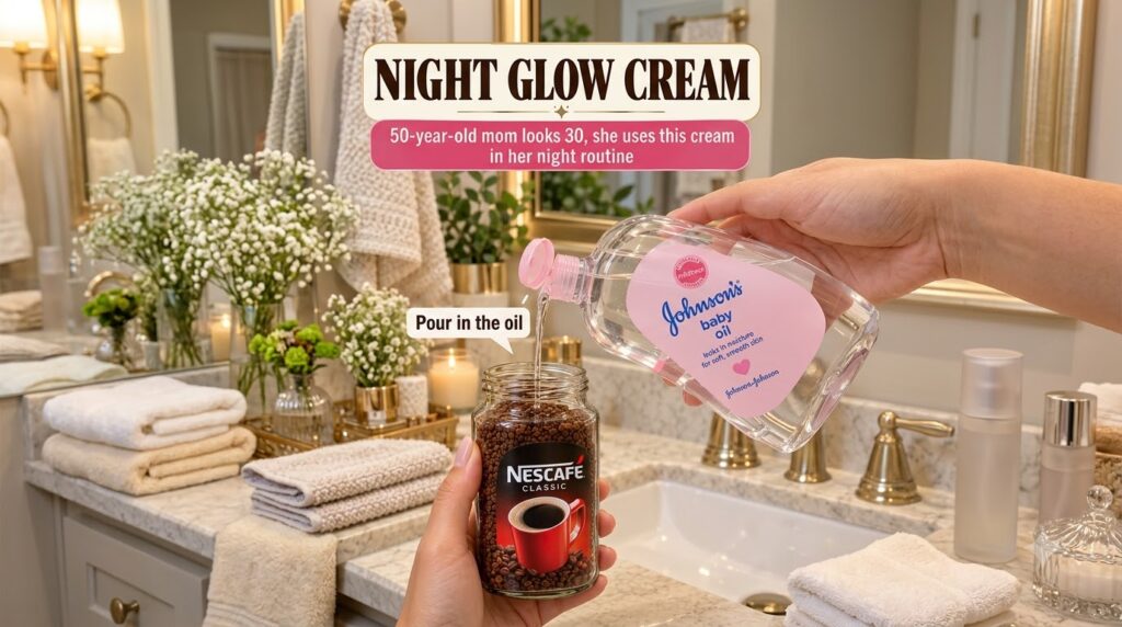 Hands pouring Johnson s baby oil into a glass jar filled with Nescafe Classic instant coffee granules in a bright aesthe