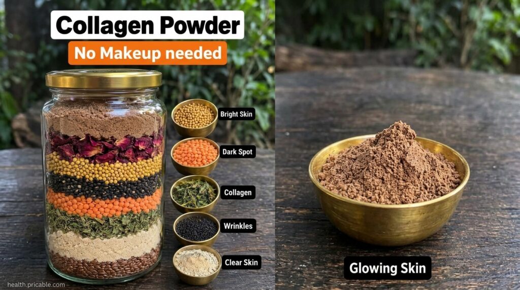A beautiful glass jar filled with layered dry beauty ingredients with small golden bowls of yellow mustard seeds orange 