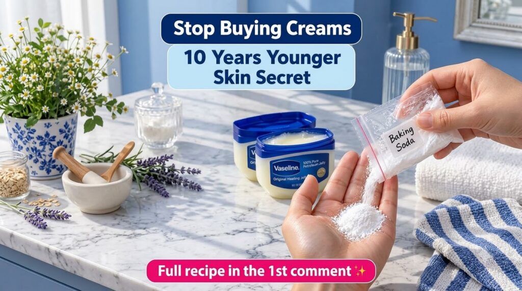 Close-up of hands mixing baking soda and Vaseline in a palm with an open Vaseline jar and a small plant in the backgroun
