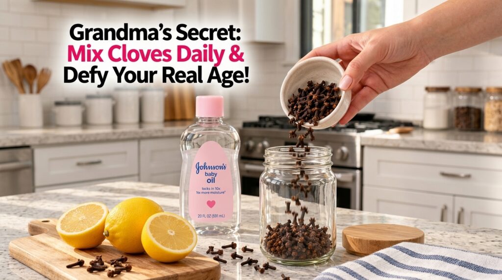 A hand pouring dry cloves from a small white bowl into a clear glass jar with a bottle of baby oil and lemons on a woode