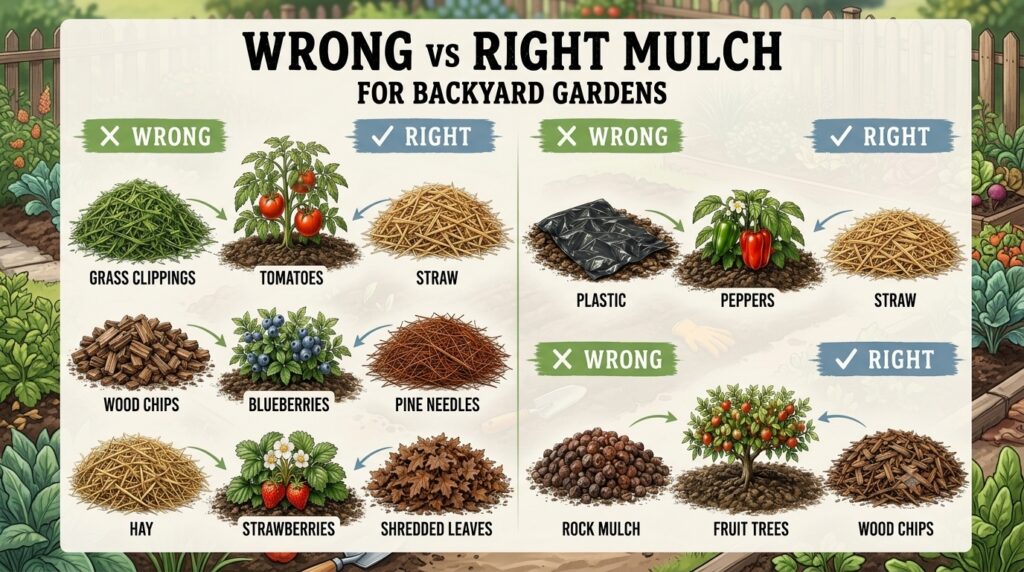 An infographic showing different types of mulch as wrong or right for various backyard plants specifically highlighting