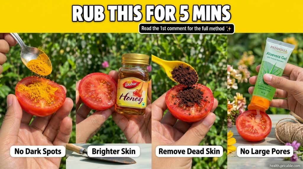 A split image showing a tomato slice with turmeric honey coffee grounds and aloe vera gel on different sections illustra