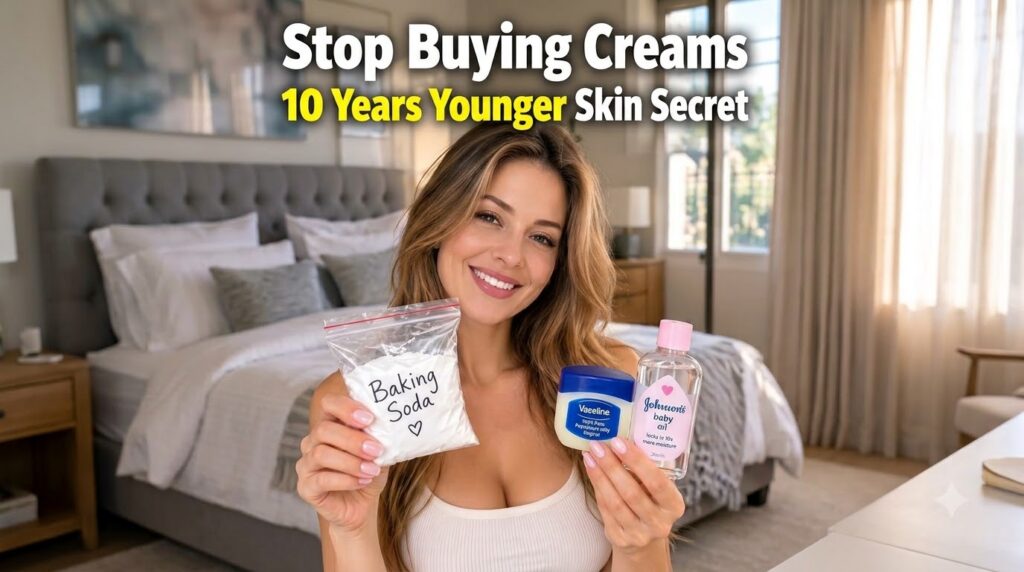 A smiling woman holds a bag of baking soda a jar of Vaseline and a bottle of baby oil presenting them as beauty solution
